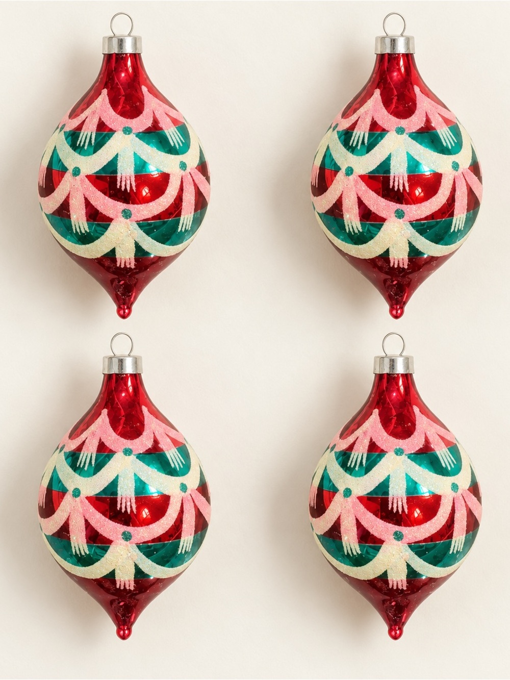 Holiday Teardrop Glass Ornaments - Red with Pink & Green Garland Pattern -